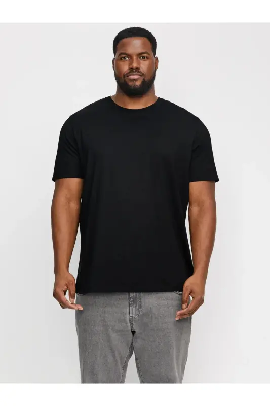 Logolu Bisiklet Yaka Tisört- Büyük Beden Battal Boy-Siyah333 - JACK & JONES