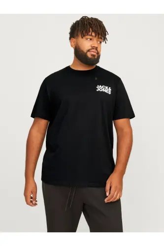 Logolu Bisiklet Yaka Tisört- Büyük Beden Battal Boy-Siyah441 