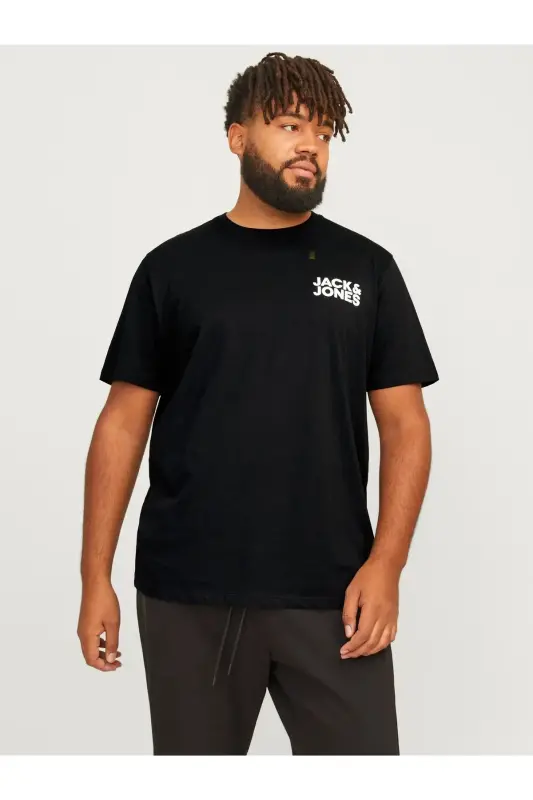Logolu Bisiklet Yaka Tisört- Büyük Beden Battal Boy-Siyah441 - JACK & JONES