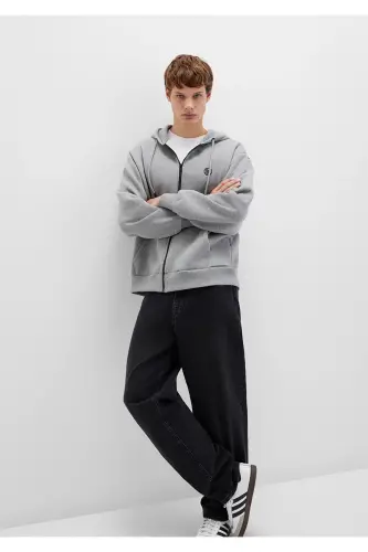 Mühür Logo Nakışlı Kapüşonlu Fermuarlı Gri Sweatshirt 066979-34686 - (No Color) - 1