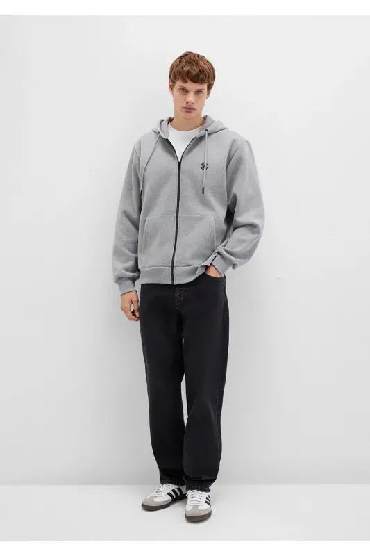 Mühür Logo Nakışlı Kapüşonlu Fermuarlı Gri Sweatshirt 066979-34686 - (No Color) - 3