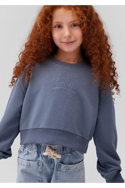 Logo Baskılı Crop Sweatshirt 7s10078-70871-Mavi - 1