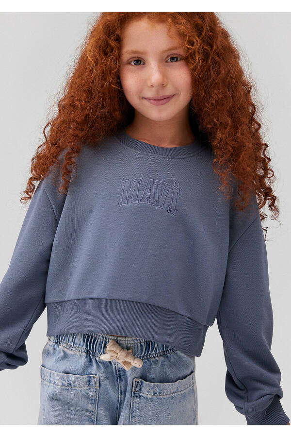 Logo Baskılı Crop Sweatshirt 7s10078-70871-Mavi - 1