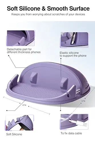 Loncaster Car Phone Holder, Car Phone Mount Silicone Car Pad Mat for Various Dashboards, Slip Free Desk Phone Stand Compatible with iPhone, Samsung, Android Smartphones, GPS Devices More (Purple) - 3