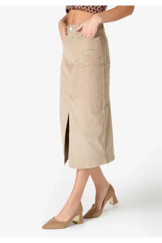 Long, beige, slit detail women's skirt - 4