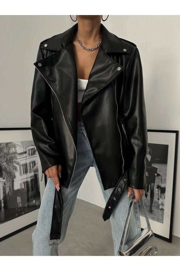 Long Belted Boyfriend Leather Jacket - 1