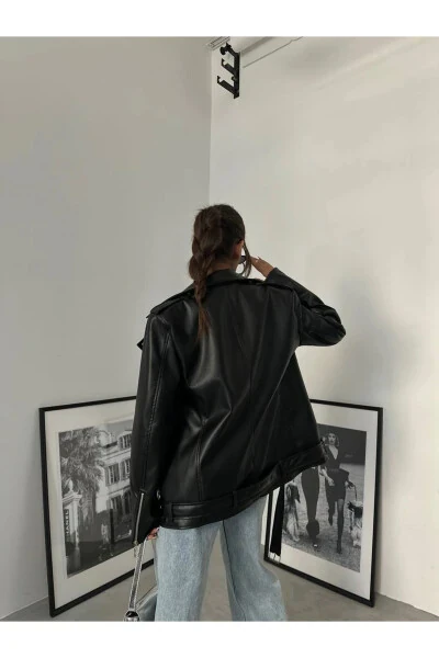 Long Belted Boyfriend Leather Jacket - 4