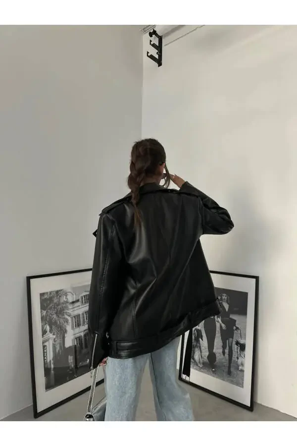 Long Belted Boyfriend Leather Jacket - 4