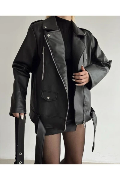 Long Belted Boyfriend Leather Jacket - Modazone