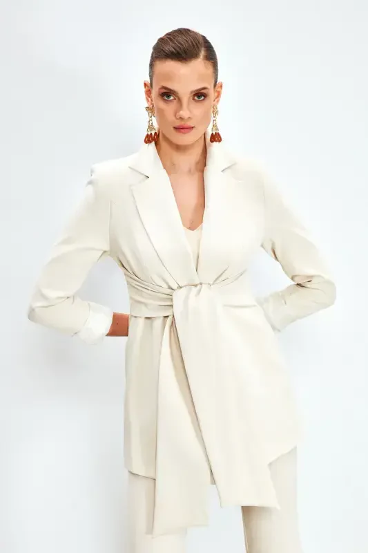 Long Belted Jacket - STONE - SATEEN