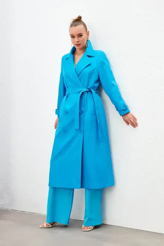 Long Belted Trench Coat - Blue - Sateen