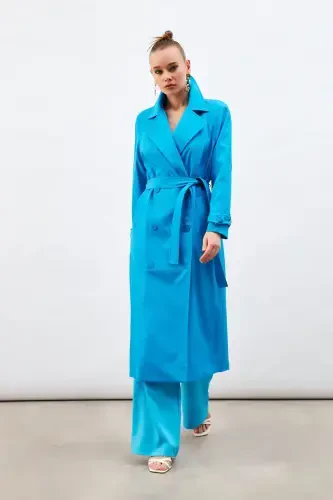 Long Belted Trench Coat - Blue - Sateen (1)