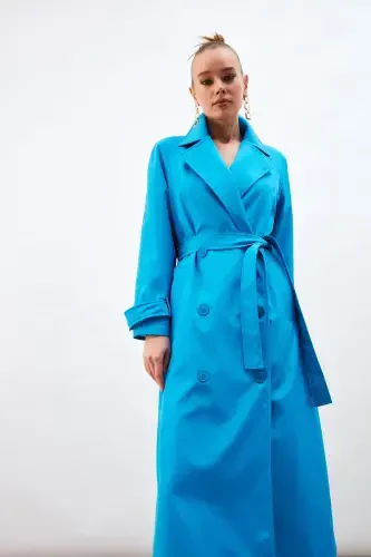 Long Belted Trench Coat - Blue - 6