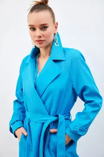 Long Belted Trench Coat - Blue - 8