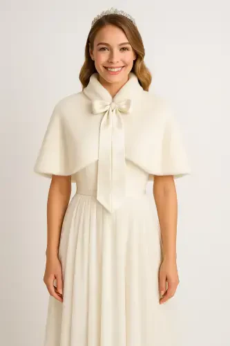Long Bow Soft Textured Fur Stole Bridal Bolero Off White - ELEGANCE SCARF (1)