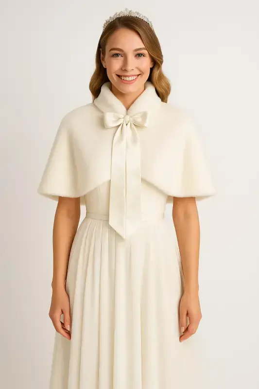 Long Bow Soft Textured Fur Stole Bridal Bolero Off White - 2