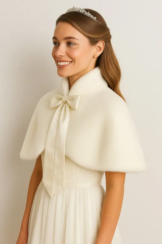 Long Bow Soft Textured Fur Stole Bridal Bolero Off White - 12
