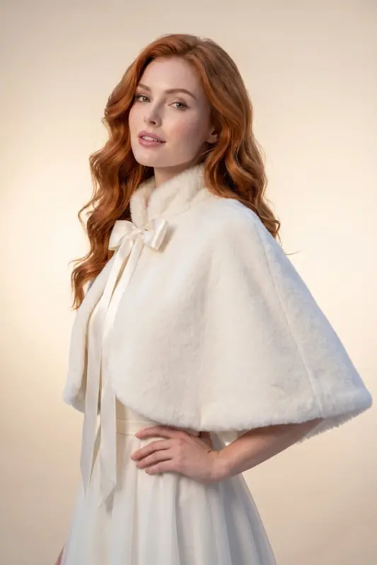 Long Bow Soft Textured Fur Stole Bridal Bolero Off White - 3
