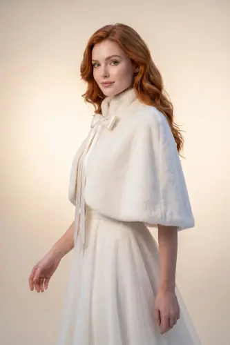 Long Bow Soft Textured Fur Stole Bridal Bolero Off White - 4