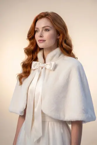 Long Bow Soft Textured Fur Stole Bridal Bolero Off White - 6