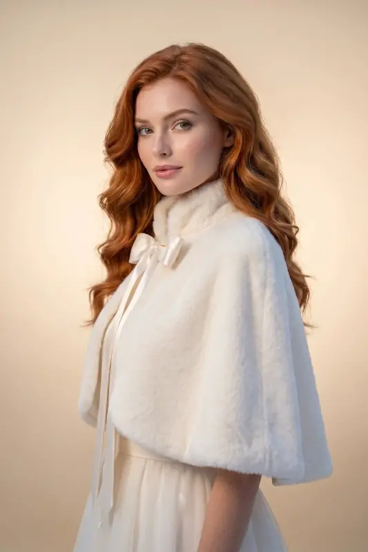 Long Bow Soft Textured Fur Stole Bridal Bolero Off White - 7