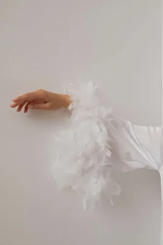 Long Bridal Robe with Austrian Sleeves, Silky Satin and Feather Trim - 4