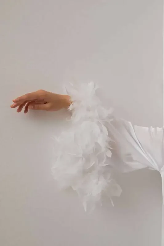 Long Bridal Robe with Austrian Sleeves, Silky Satin and Feather Trim - 4