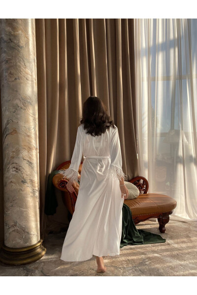 Long Bridal Robe with Ostrich Feather Trimmed Satin Sleeves - 4