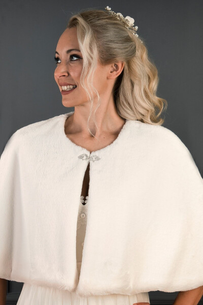 Long Brooch Fur Stole Bridal Bolero Off-White - 30