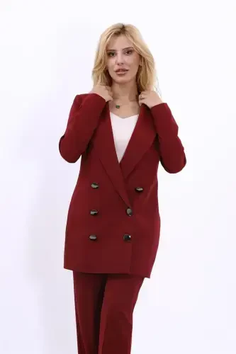 Long Classic Blazer Jacket-Burgundy-Burgundy - 1
