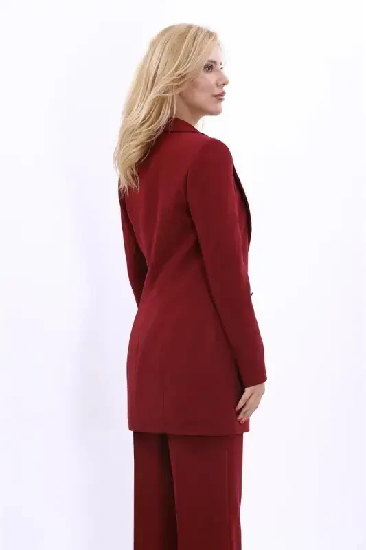 Long Classic Blazer Jacket-Burgundy-Burgundy - 3