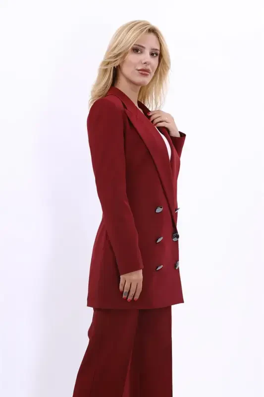 Long Classic Blazer Jacket-Burgundy-Burgundy - 4
