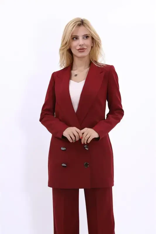 Long Classic Blazer Jacket-Burgundy-Burgundy - 5