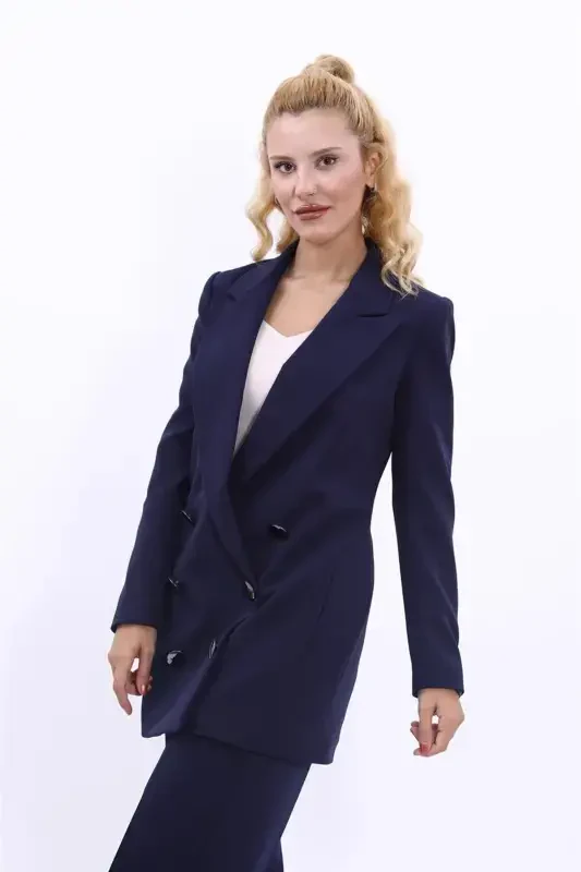 Long Classic Blazer Jacket-Navy-Navy - 2