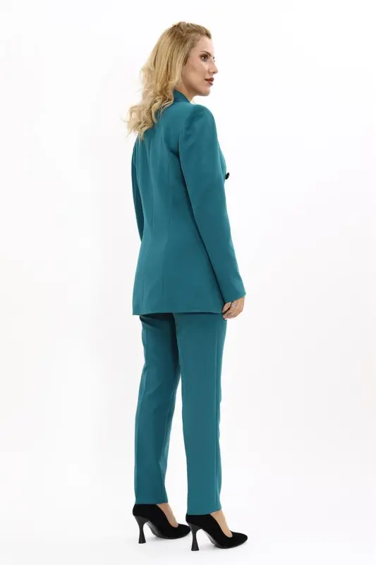 Long Classic Blazer Jacket & Pipe Leg Trousers Set-Petrol - Petrol - 4