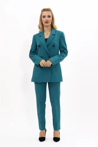 Uzun Klasik Blazer Ceket & Boru Paça Pantolon Takım-Petrol - Petrol - 5