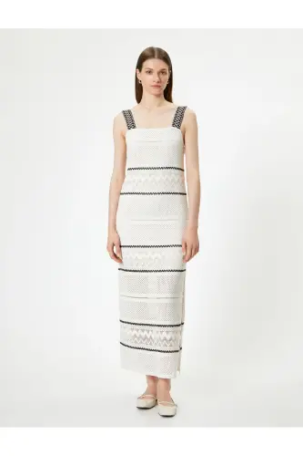 Long Crochet Dress Lined Thick Strap Slit Detailed Color Contrast - 3