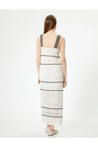 Long Crochet Dress Lined Thick Strap Slit Detailed Color Contrast - 4