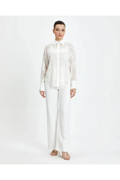 Long Cuffed Ecru Patterned Sheer Classic Shirt 39240 - Modazone