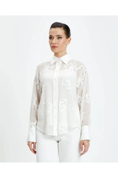 Long Cuffed Ecru Patterned Sheer Classic Shirt 39240 - Modazone (1)