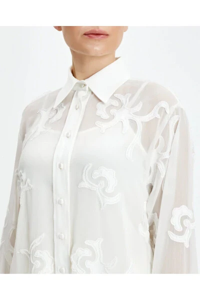 Long Cuffed Ecru Patterned Sheer Classic Shirt 39240 - 3