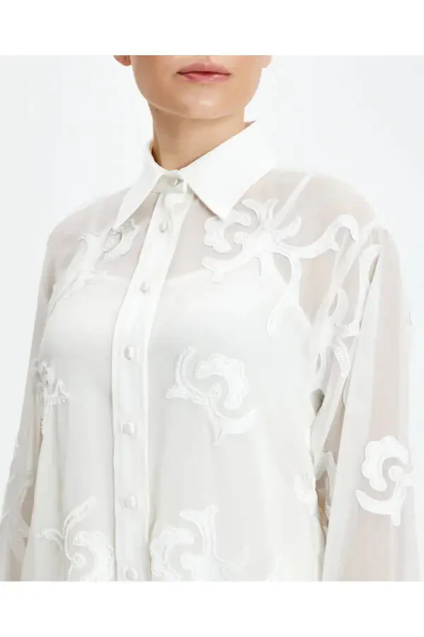 Long Cuffed Ecru Patterned Sheer Classic Shirt 39240 - 3