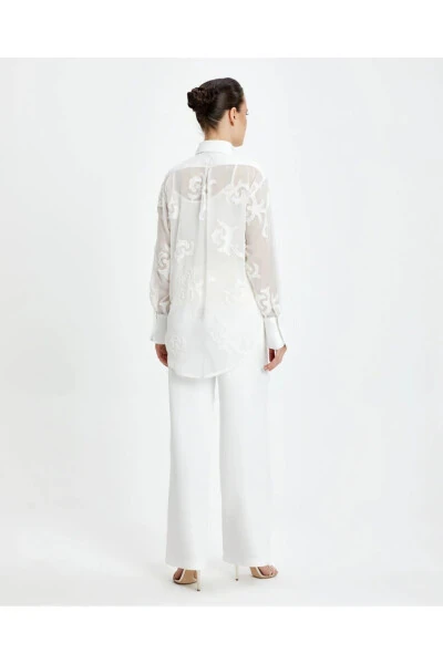 Long Cuffed Ecru Patterned Sheer Classic Shirt 39240 - 4