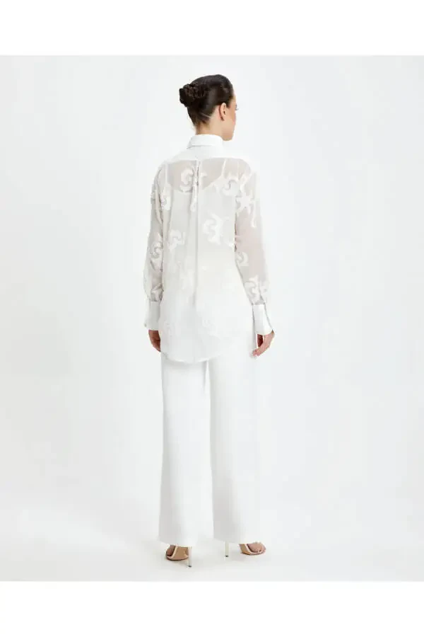 Long Cuffed Ecru Patterned Sheer Classic Shirt 39240 - 4