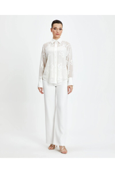 Long Cuffed Ecru Patterned Sheer Classic Shirt 39240 - SERPIL
