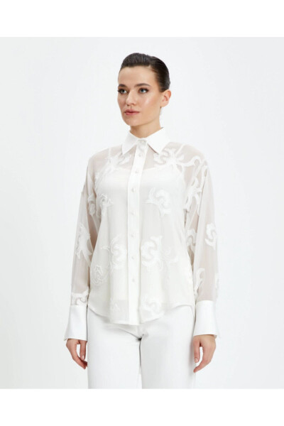 Long Cuffed Ecru Patterned Sheer Classic Shirt 39240 - SERPIL (1)