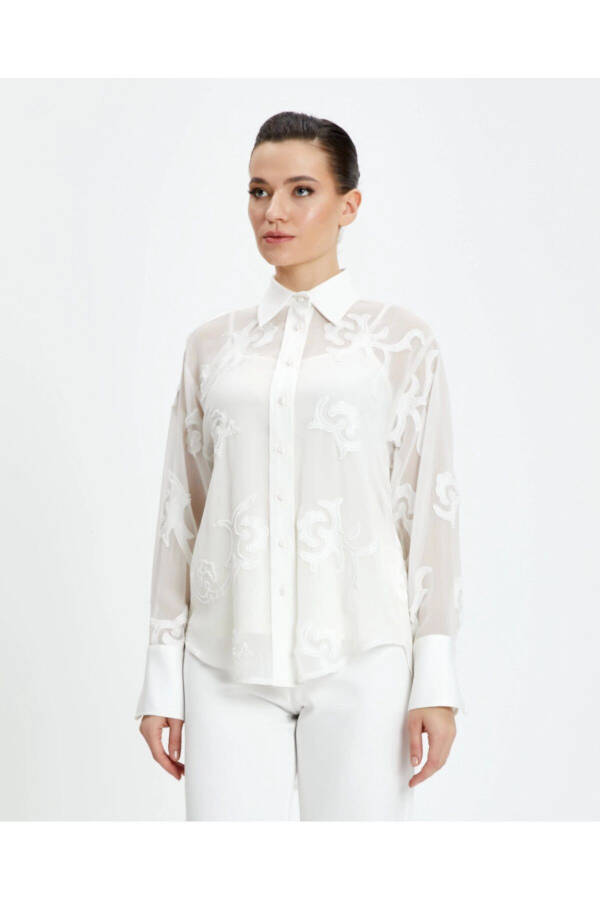 Long Cuffed Ecru Patterned Sheer Classic Shirt 39240 - 2