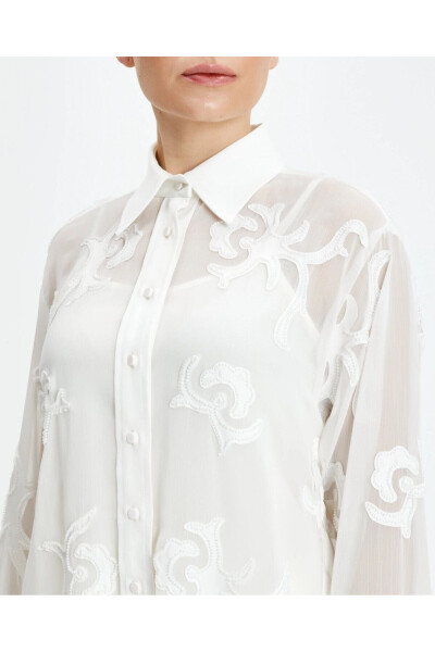 Long Cuffed Ecru Patterned Sheer Classic Shirt 39240 - 3