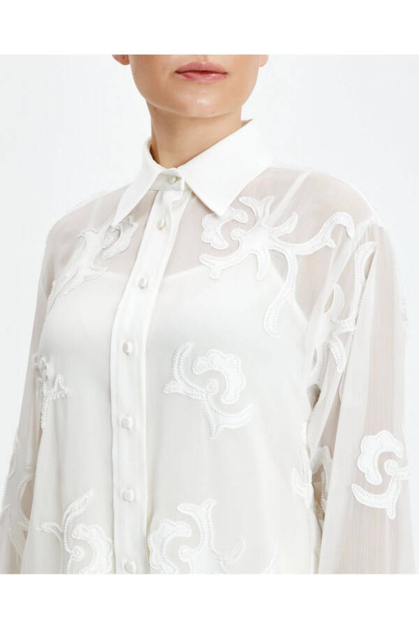 Long Cuffed Ecru Patterned Sheer Classic Shirt 39240 - 3