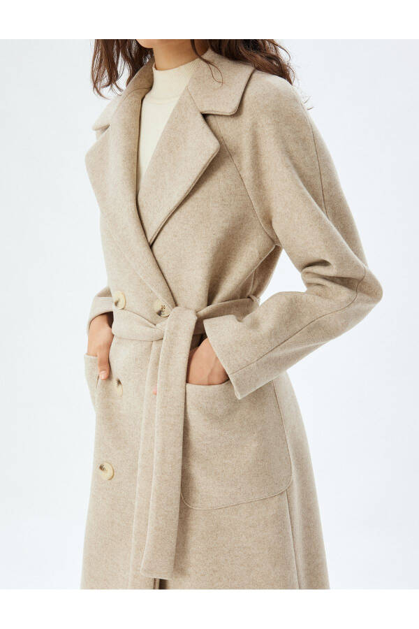 Long, double-breasted, pocket and belt detailed cashmere coat. - 7